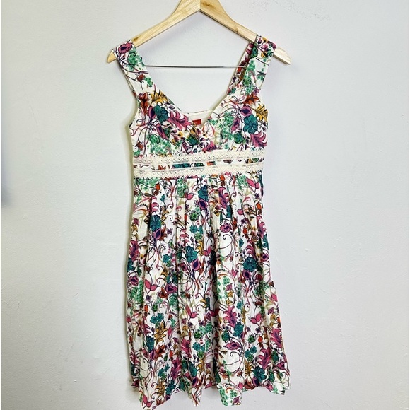 Sundance Catalog Linen Sleeveless Floral Dress Cross Lace Front Fit‎ & Flare P2 - Picture 2 of 8